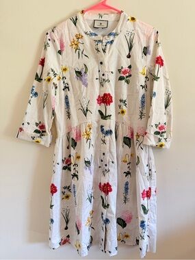 Tuckernuck White Midi Dress with Red, Pink, Yellow, Blue & Green Floral Print